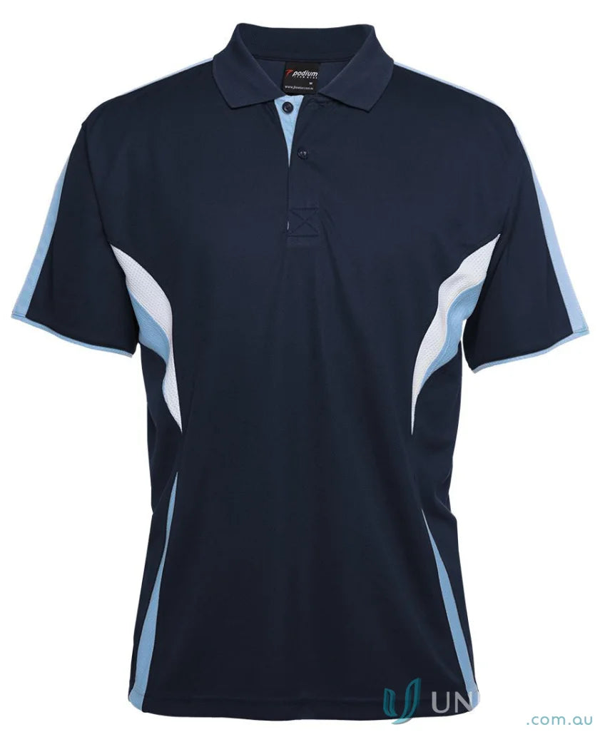 Navy blue JBs Podium Cool Polo with dual-color body panel and moisture-wicking tech