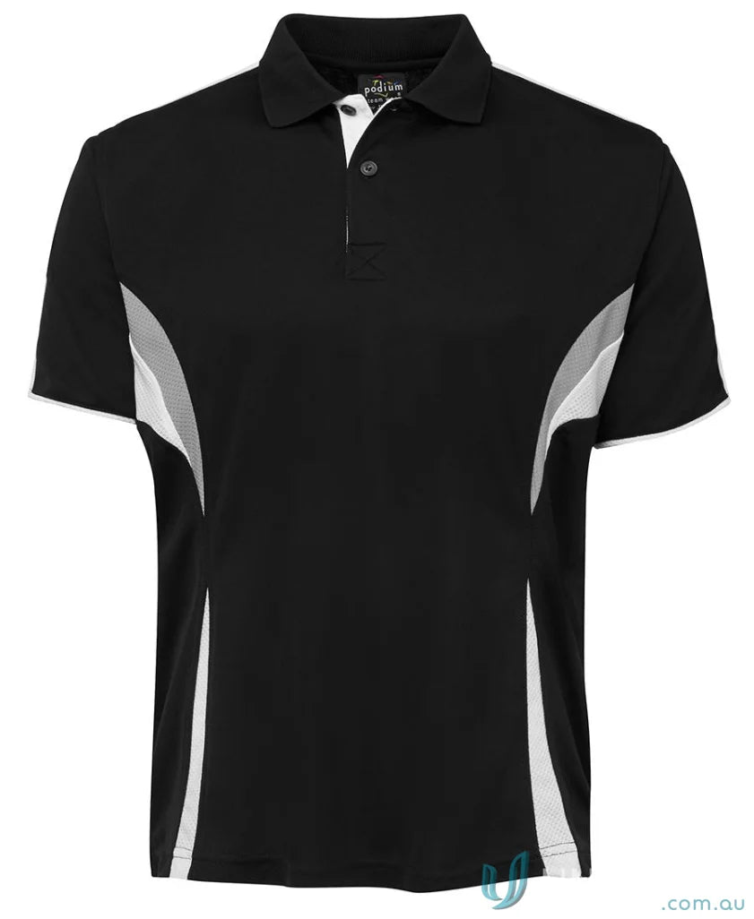 Black and white JBs Podium Cool polo with dual-color body panel and moisture-wicking tech
