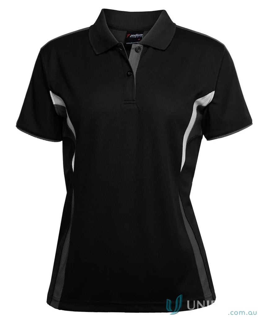 Black and gray womens JBs Podium Cool Polo with dual-color body panel and moisture-wicking tech