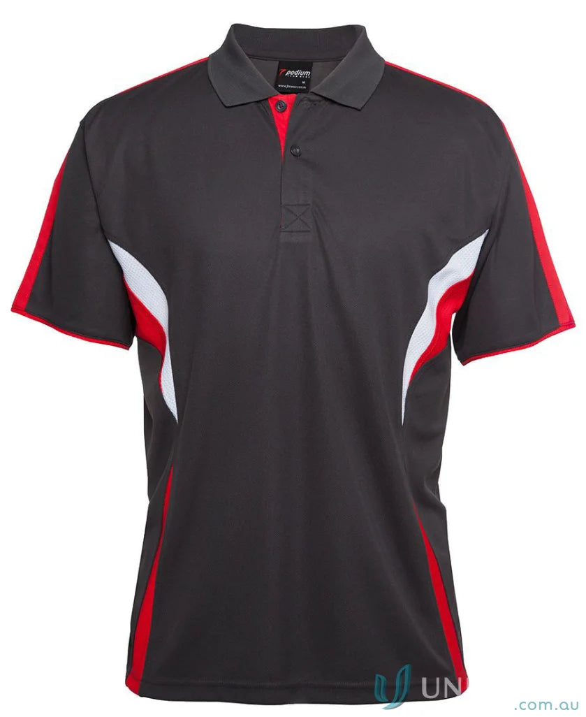 Gray JBs Podium Cool Polo with dual-color body panel and moisture-wicking tech