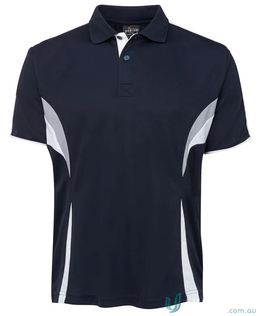 Navy and white polo shirt with dual-color body panel and moisture-wicking tech from JBs Podium Cool