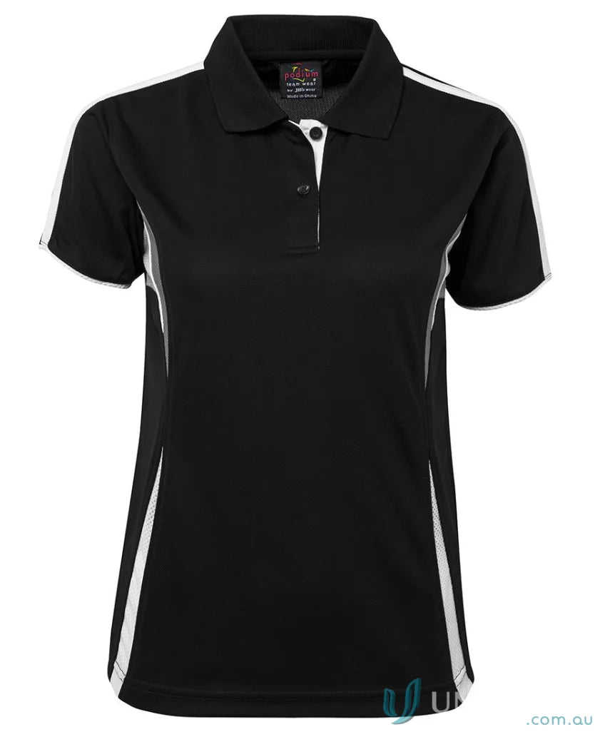 Black and white womens polo featuring dual-color body panel with jbs Podium Cool moisture-wicking tech