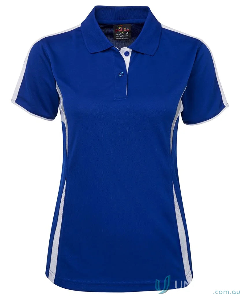 Blue and white womens polo shirt with dual-color body panel and moisture-wicking tech at JBs Podium Cool