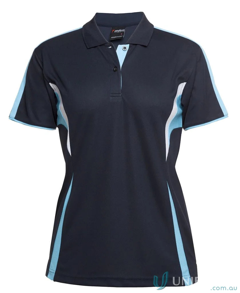 Navy blue and light blue womens polo shirt with dual-color body panel, moisture-wicking JBs Podium Cool