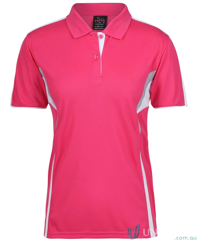Pink JBs Podium Cool polo with dual-color body panel and moisture-wicking tech