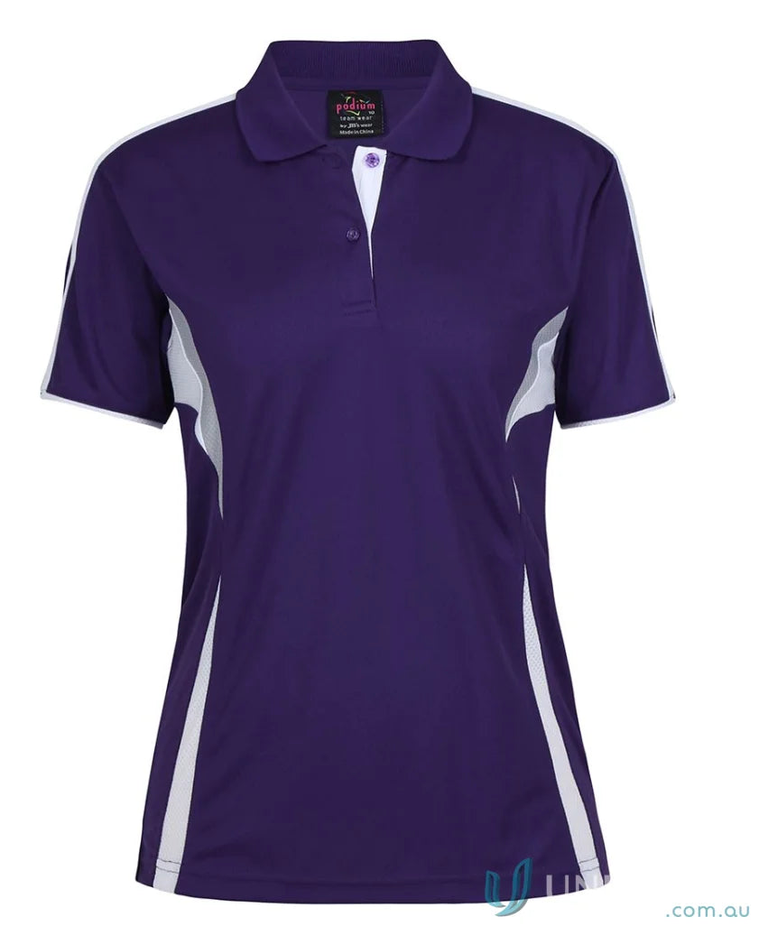 Purple and white JBs Podium Cool polo with dual-color body panel and moisture-wicking tech