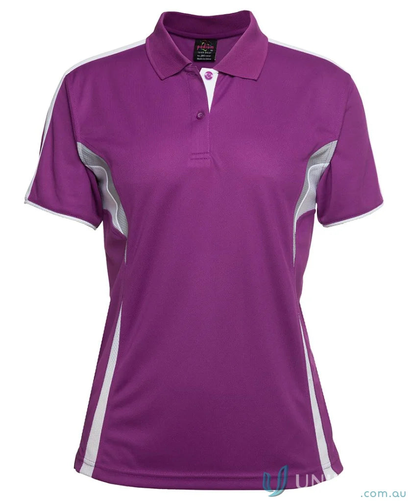 Purple and white womens polo shirt with dual-color body panel and moisture-wicking tech at JBs Podium Cool