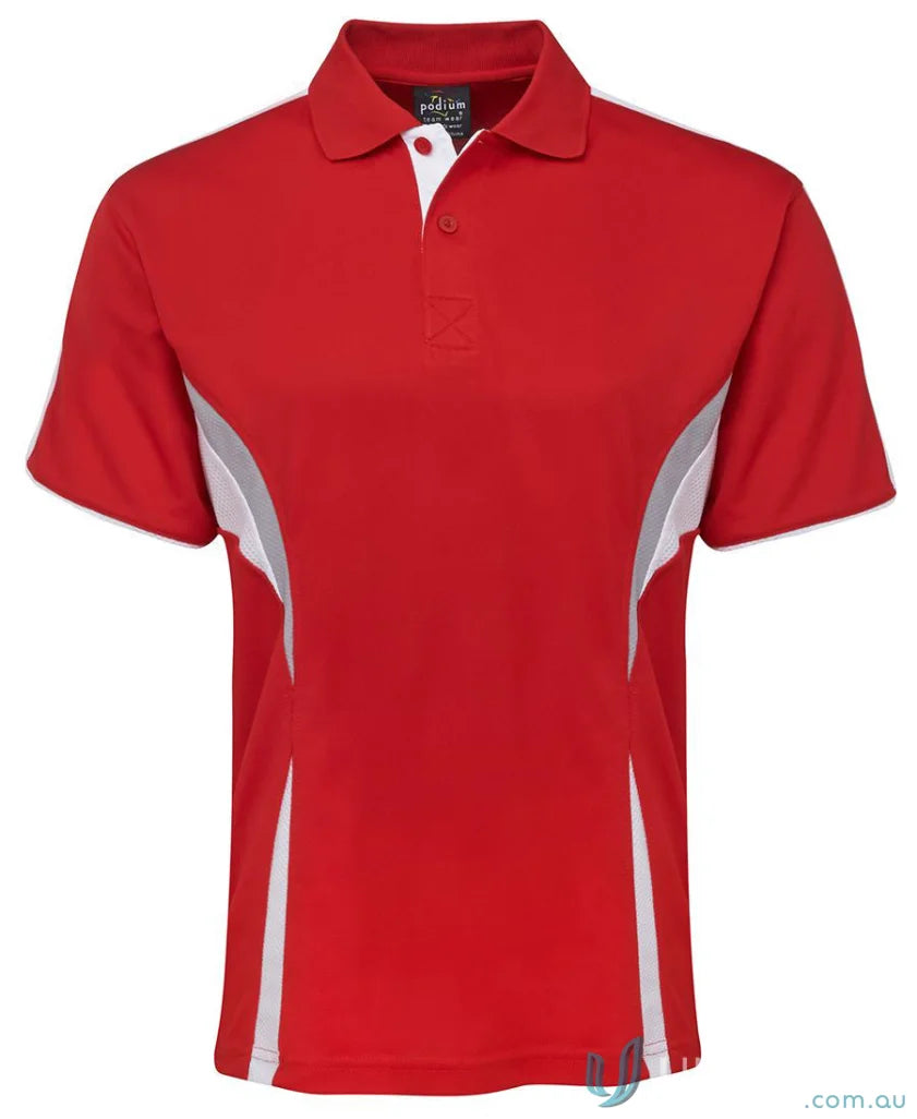 Red and white JBs Podium Cool polo with dual-color body panel and moisture-wicking tech