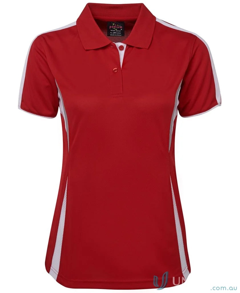 Red and white womens polo shirt with dual-color body panel and JBs Podium Cool tech