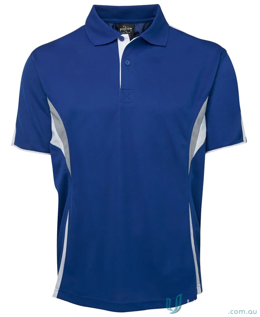 Blue and gray polo shirt with dual-color body panel and moisture-wicking tech by JBs Podium Cool
