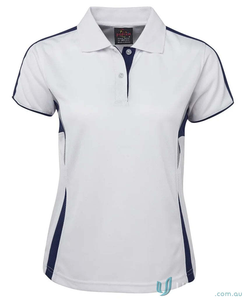 White and navy JBs Podium Cool Polo with dual-color body panel and moisture-wicking tech