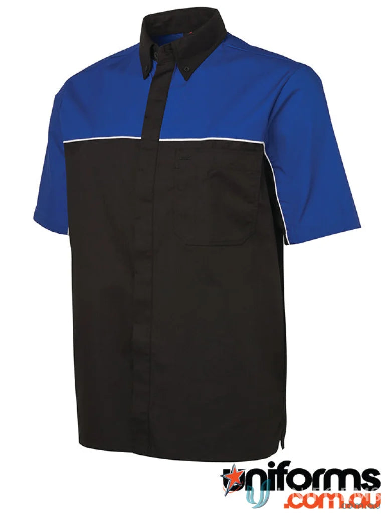 JBs Podium Moto Shirt offers a short-sleeved polo with black, blue, and white stripes