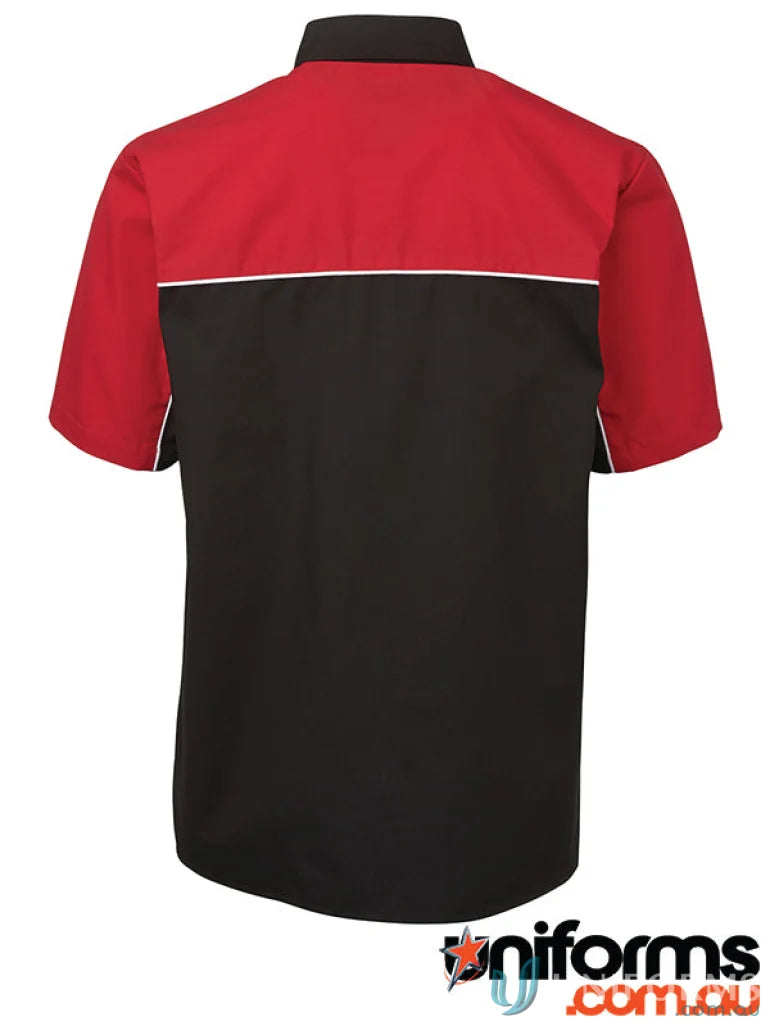 JBs Podium Moto Shirt offers a short-sleeved work shirt with black, red, and white details