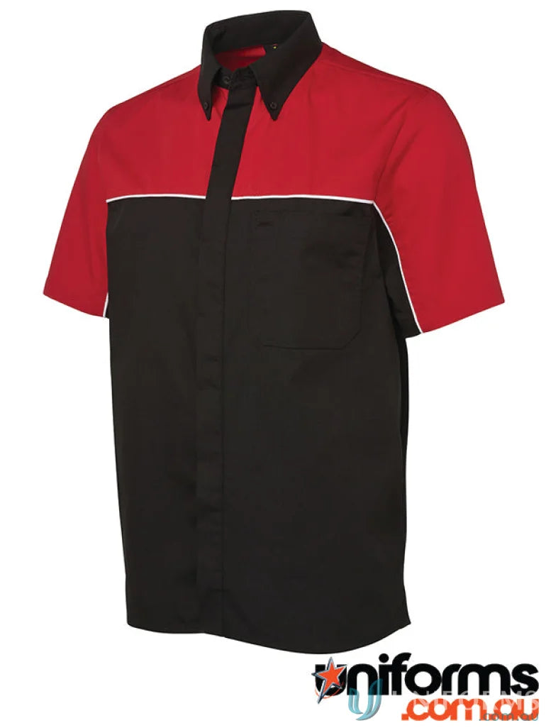 JBs Podium Moto Shirt offers a short-sleeved black and red work shirt with white stripe