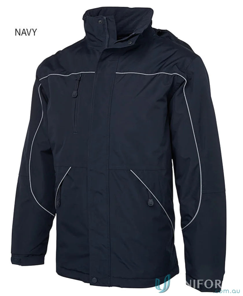 Navy blue JBs Tempest Jacket with white trim and sealed seams for style and durability