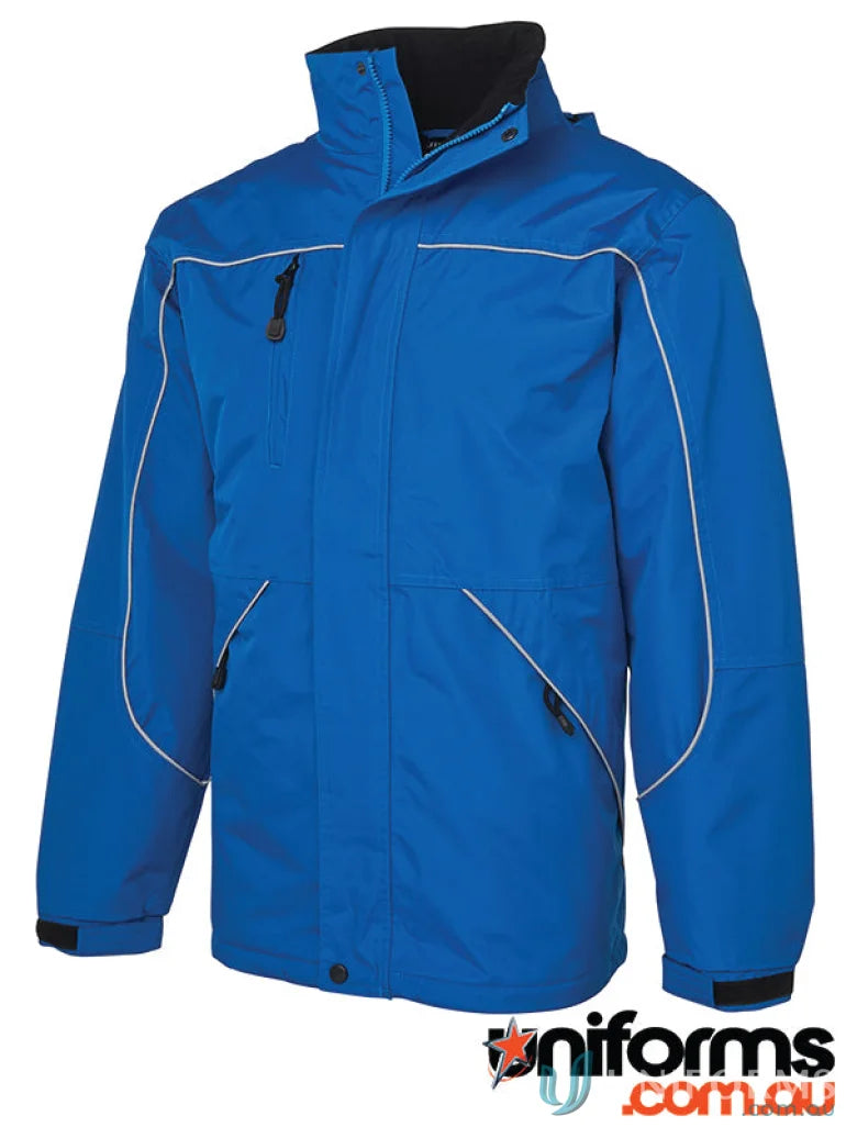 Blue waterproof JBs Tempest Jacket with sealed seams and white trim for adventure