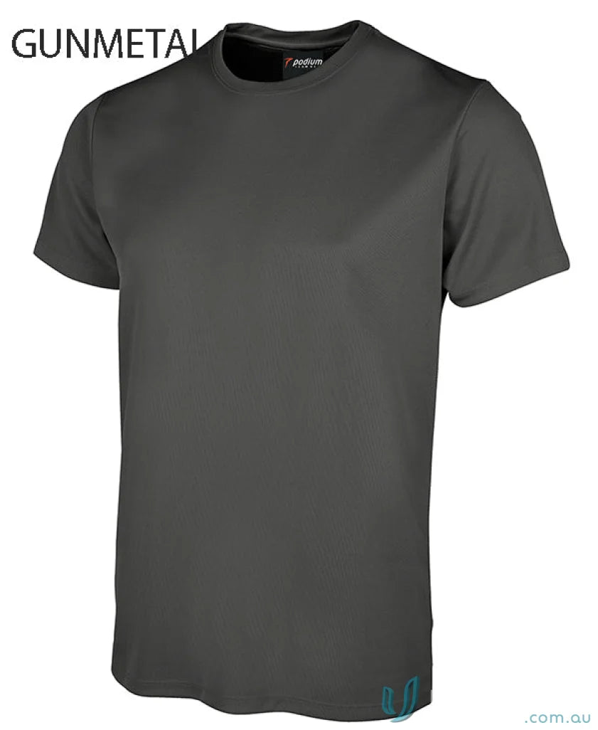 Gunmetal-colored JBS Wear Podium Poly Tee emphasizes podium cool and sun protection advantage