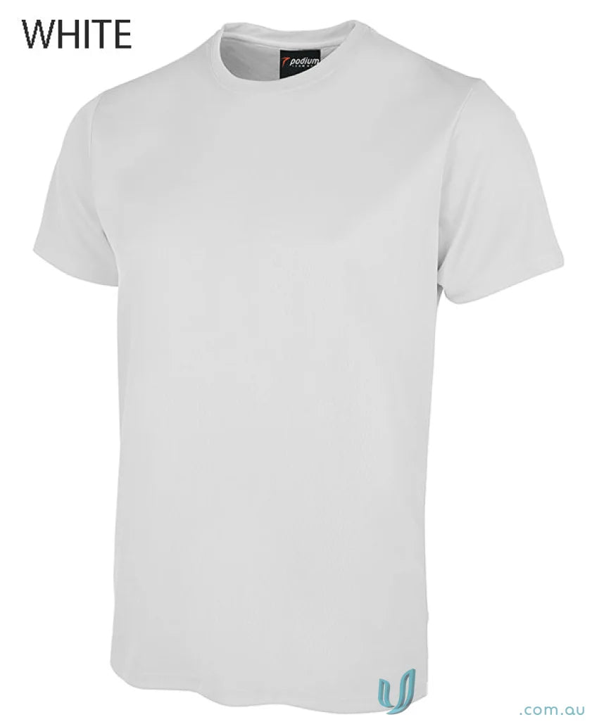 White short-sleeved JBs Wear Podium Poly Tee perfect for podium cool sun protection