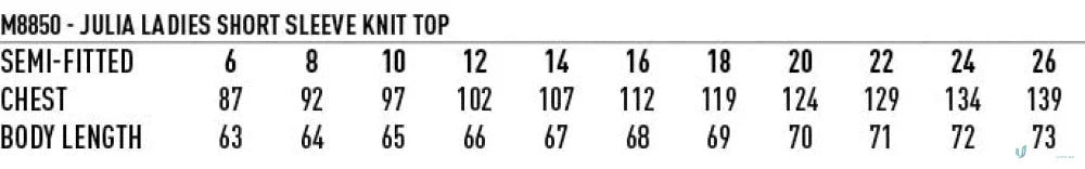 Ladies short-sleeve knit top size chart for Jenny Craig workwear uniforms