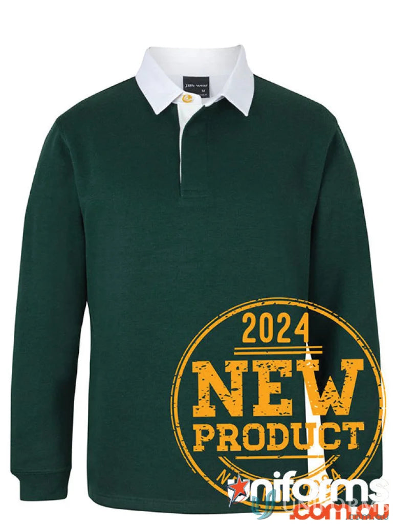 Green long-sleeved jbs rugby jumper with white collar and ribbed sleeve cuffs