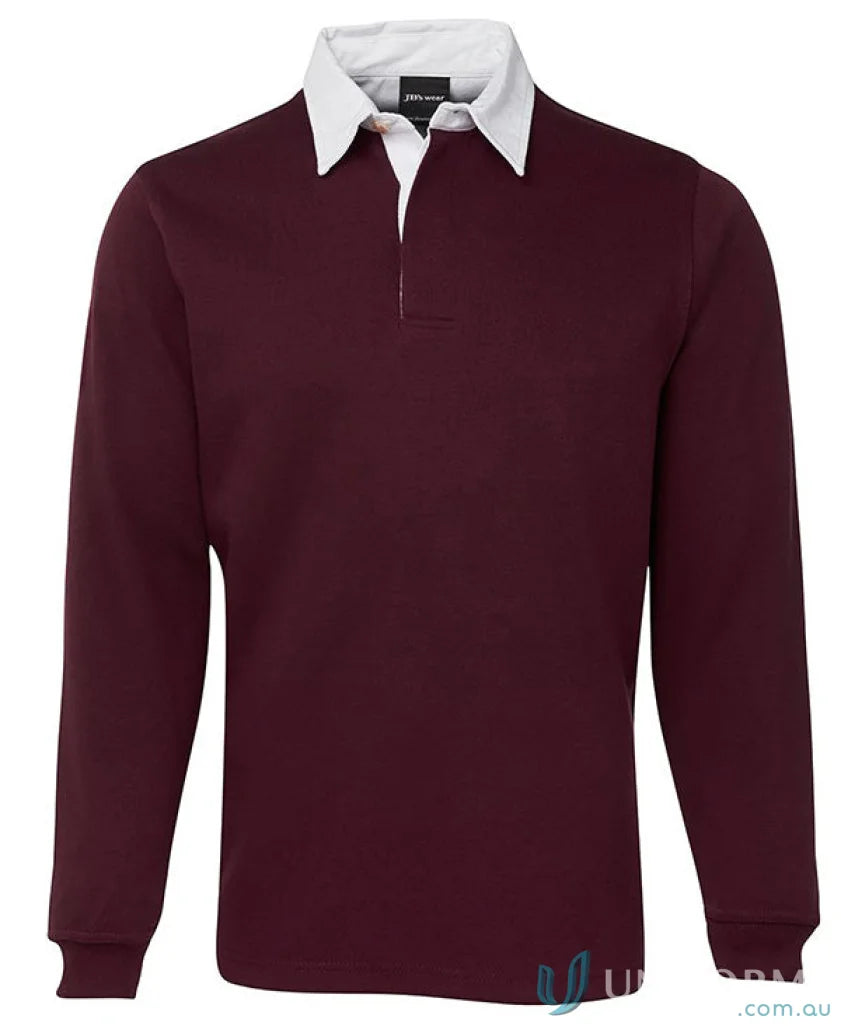 Maroon JBs Rugby Jumper with ribbed sleeve cuffs and white collar for stylish rugby play