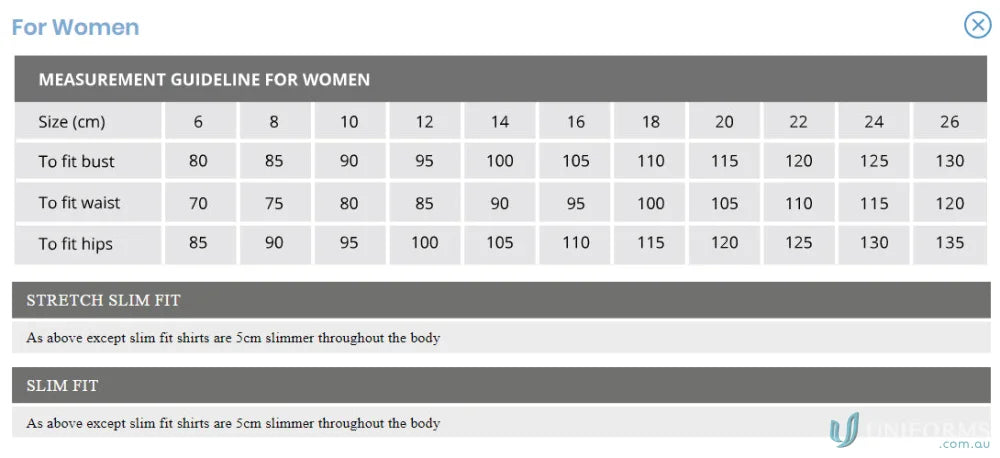 Size chart for Keval Slim Fit 3Qtr Dark Stripe shirt with bust, waist, hip in cm