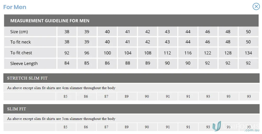Dark stripe shirt size chart for Keval men’s slim fit LS shirt with measurements