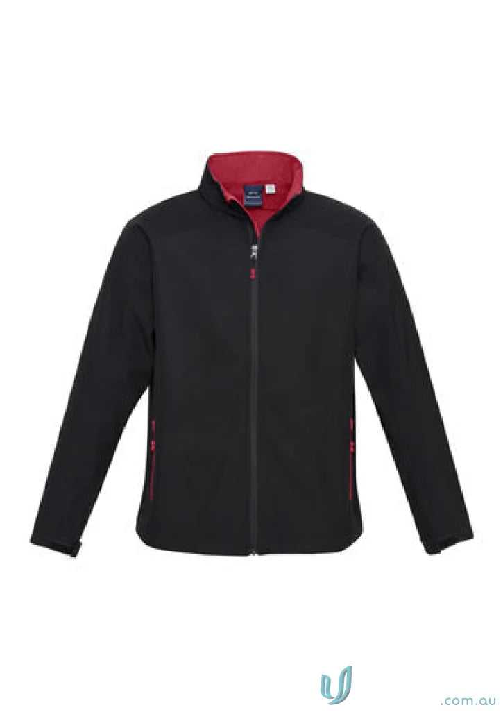 Kids Geneva Softshell Jacket with black exterior and red lining for outdoor fun