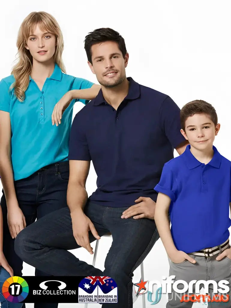 Family wearing Krue Polo short sleeve polos with durable top-stitched armholes and twin needle sleeves