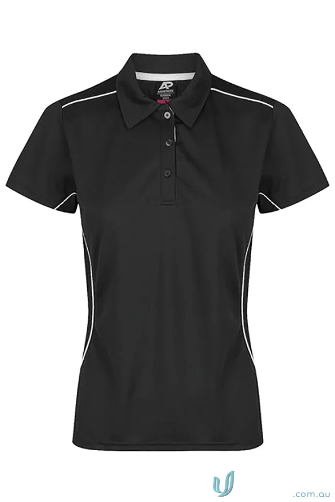 Black Kuranda Lady Polo with ice hole mesh and white piping for stylish comfort