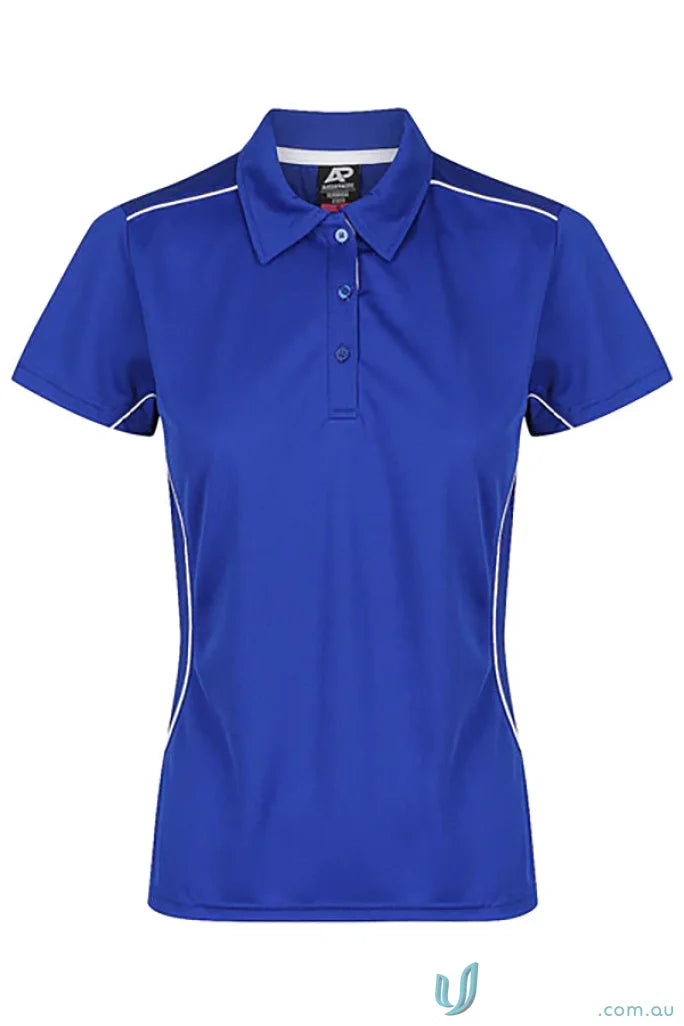 Kuranda Lady Polo in vibrant blue with white trim featuring ice hole mesh design
