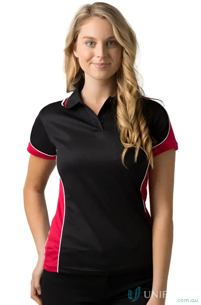 Womens black and red Ladies Auburn Polo with feeling fresh cooldry micromesh and loose pocket