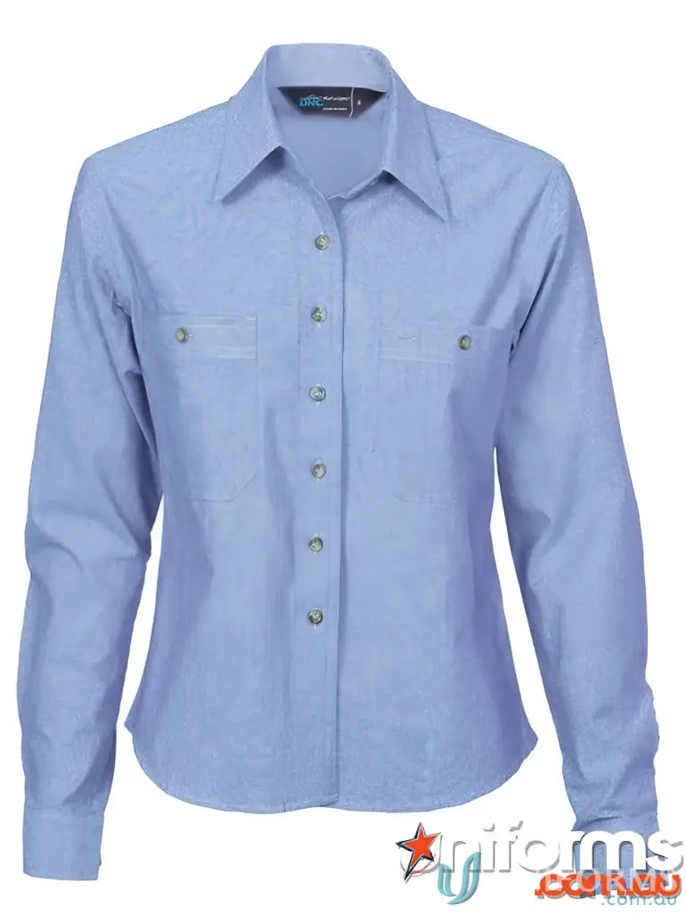 Light blue ladies cotton chambray shirt with long sleeves and buttons perfect for casual wear