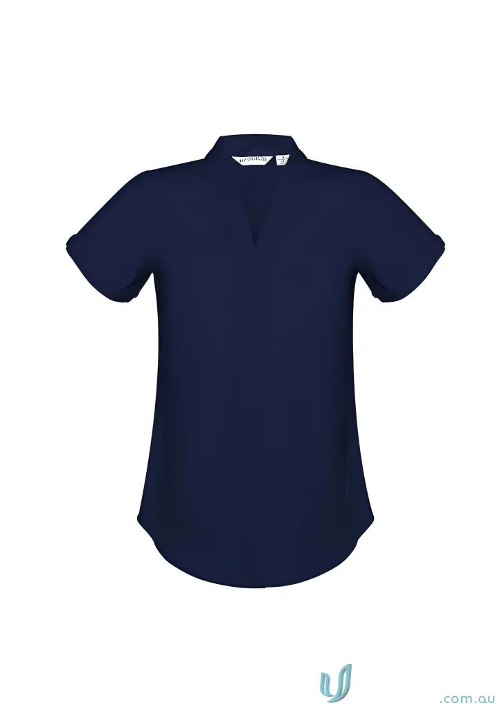 Navy blue short-sleeved EMB SS Blouse perfect for medical uniforms and work uniforms