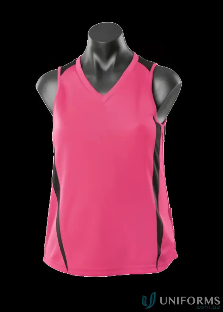 Pink and black Ladies Eureka Singlet athletic tank top with comfy fabric and stylish neck