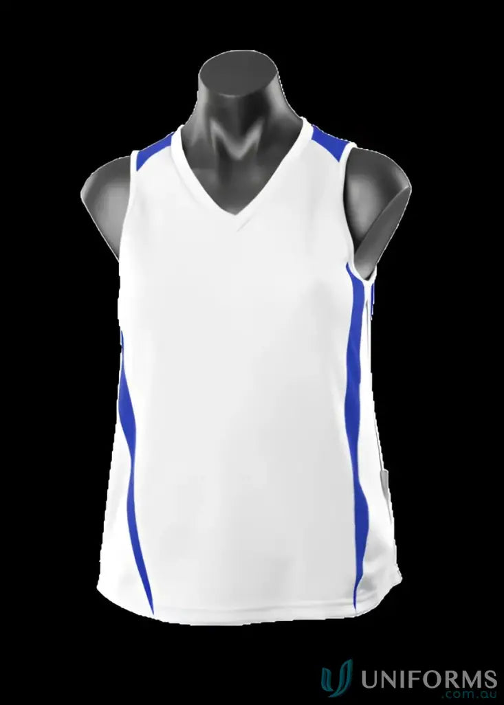 White and blue Ladies Eureka Singlet athletic tank top with comfy fabric and sleek neck design