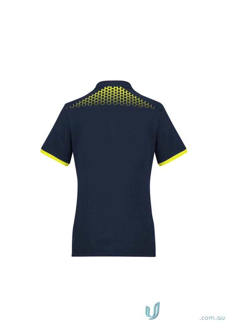 Ladies Galaxy polo shirt with navy and yellow accents, the perfect blend for style