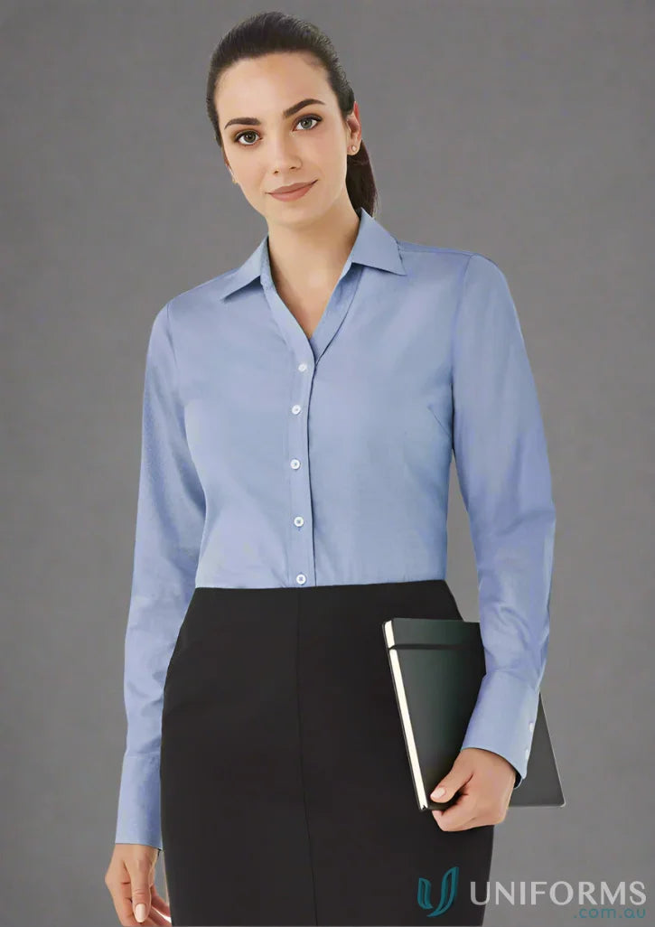 Ladies Hudson Cotton LS Shirt showcasing a professional womans blue yarn-dyed cotton long sleeve top