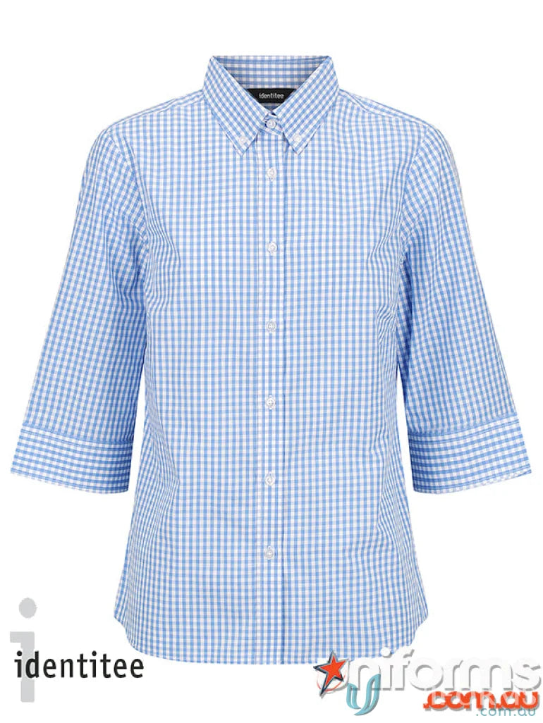 Blue and white checkered Ladies Miller Gingham 3Q Check Shirt for stylish gals