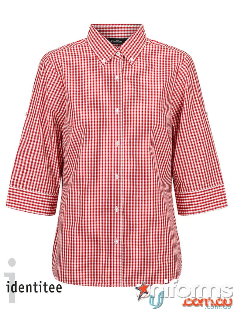 Red and white checkered Ladies Miller Gingham 3Q Check Shirt for a cool casual look