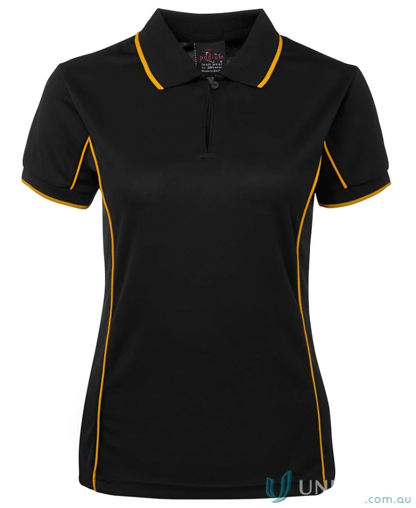 Black jb’s Ladies Podium piping polo 7LPI with gold trim to stay cool and stylish