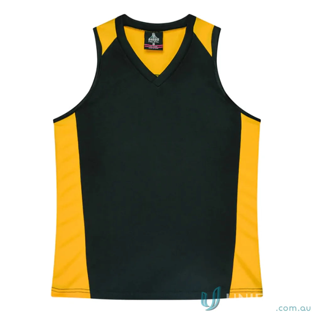 Black and gold Ladies Premier Singlet with fabric neck bind for athletic comfort