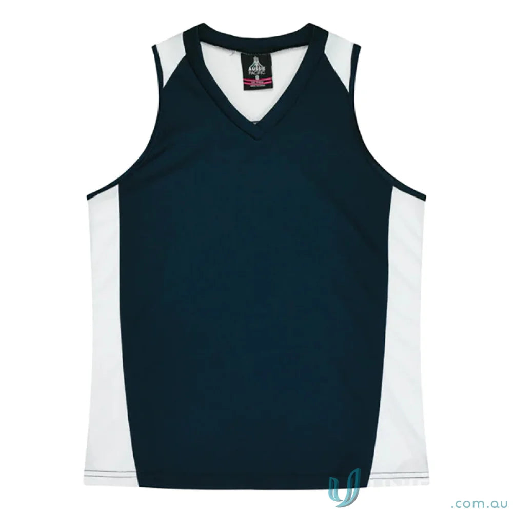 Navy and white V-neck Ladies Premier Singlet with comfortable fabric neck bind