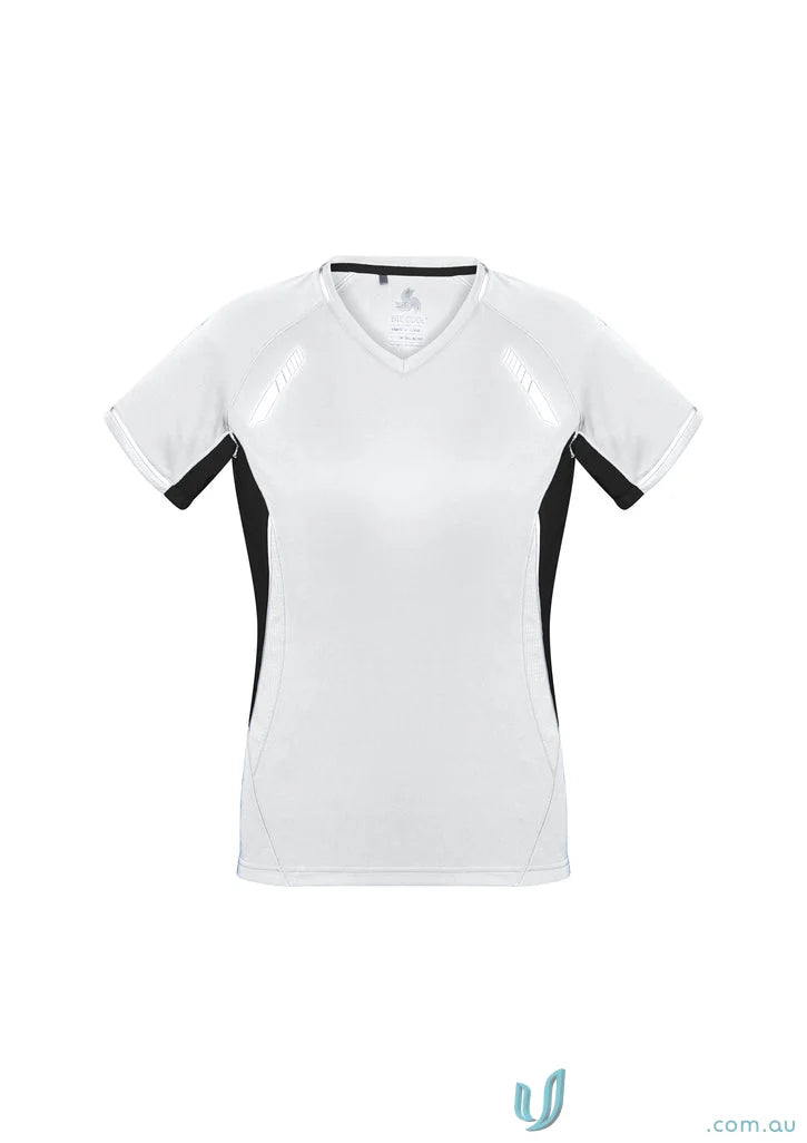 White and black ladies renegade tee from Biz Collection Ladies, short sleeve athletic top