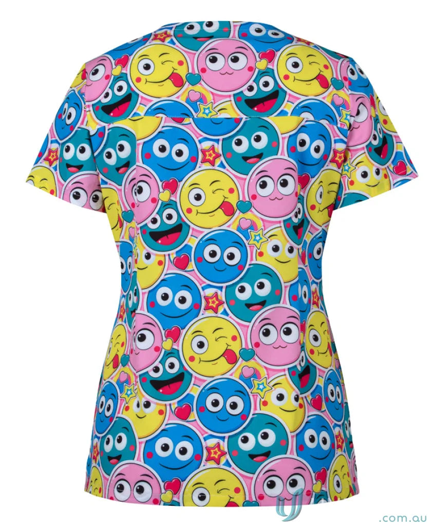 Emoji-patterned Ladies Scrub Top with smiley faces for beauty therapists uniforms
