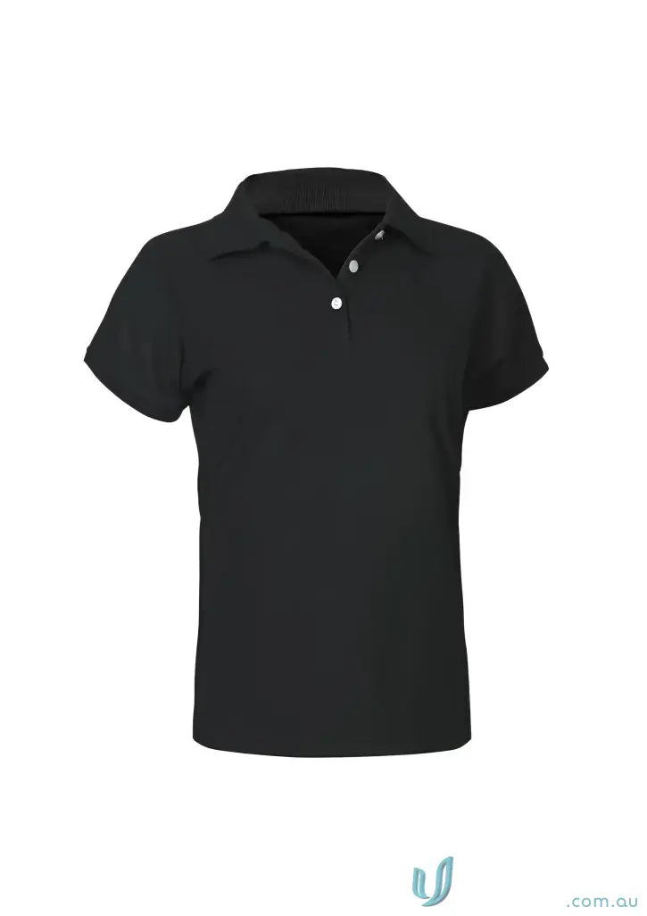 Black short-sleeved polo shirt with white button placket from Ladies Sorrento Polo, perfect for womens neon style