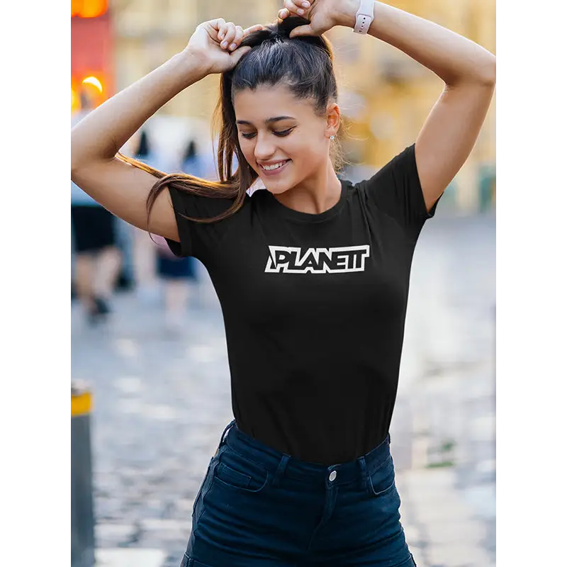 Black t-shirt with white logo.