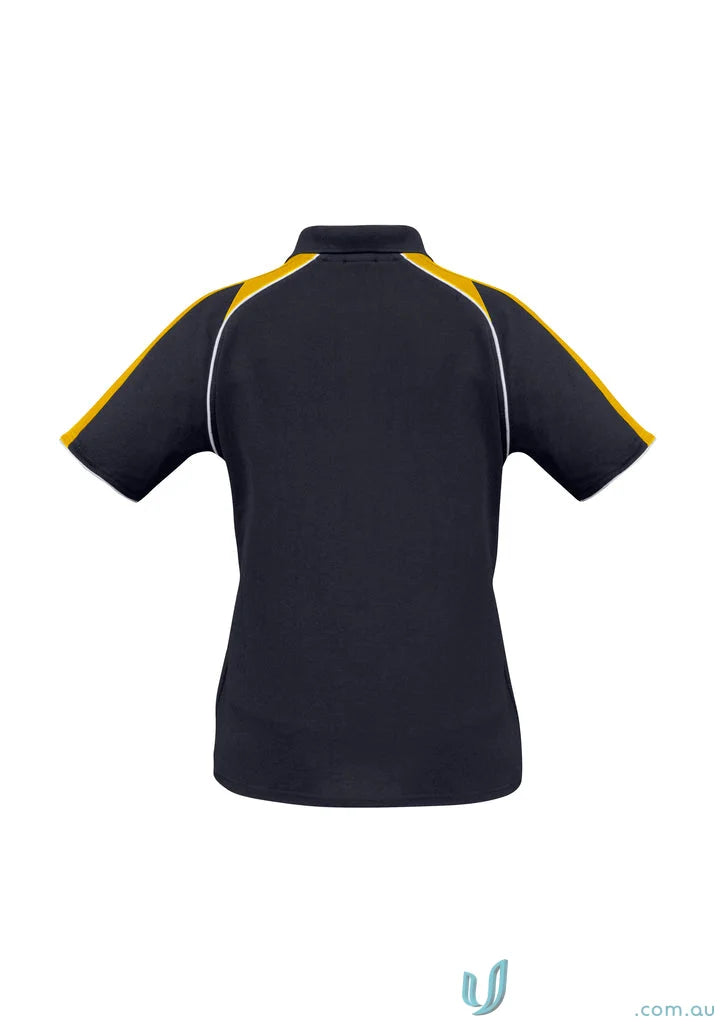 Ladies Triton Polo short sleeve in biz cool™ polyester with black, gold, and white accents