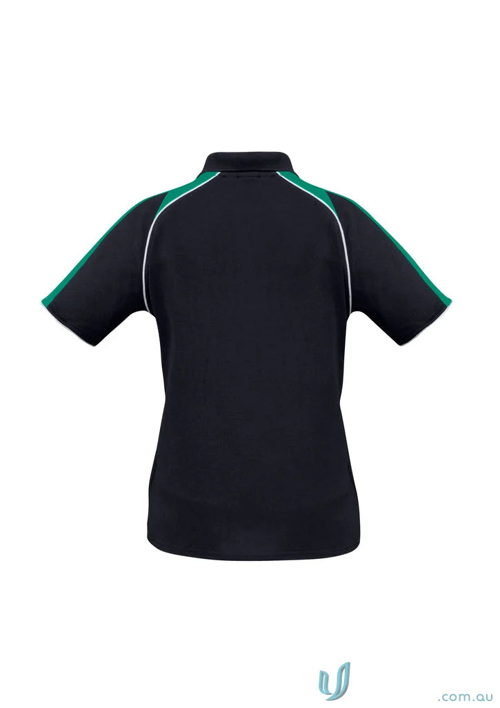 Ladies Triton Polo in black with green and white accents, made with Biz Cool™ polyester