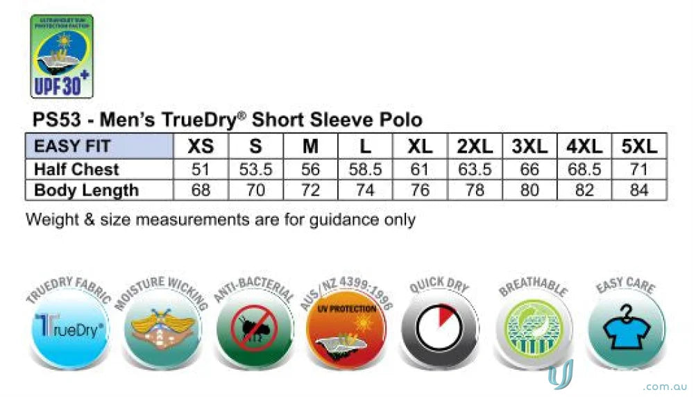 Mens polo shirt size chart with fabric details for ps53 Legend Mens Truedry short sleeve polo